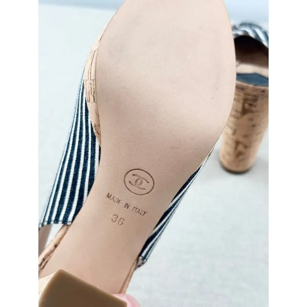 Chanel Stripe Canvas CC Logo Cork Sling Back Sandals Black White Women's EU 36 - Picture 5 of 6